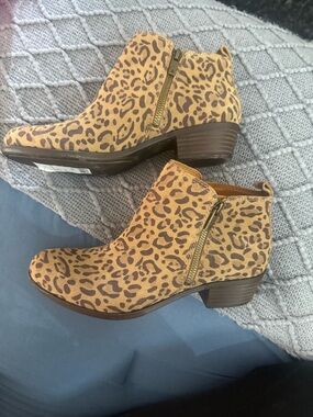 Lucky Brand Leopard Print Ankle Booties in Tan and Dark Brown